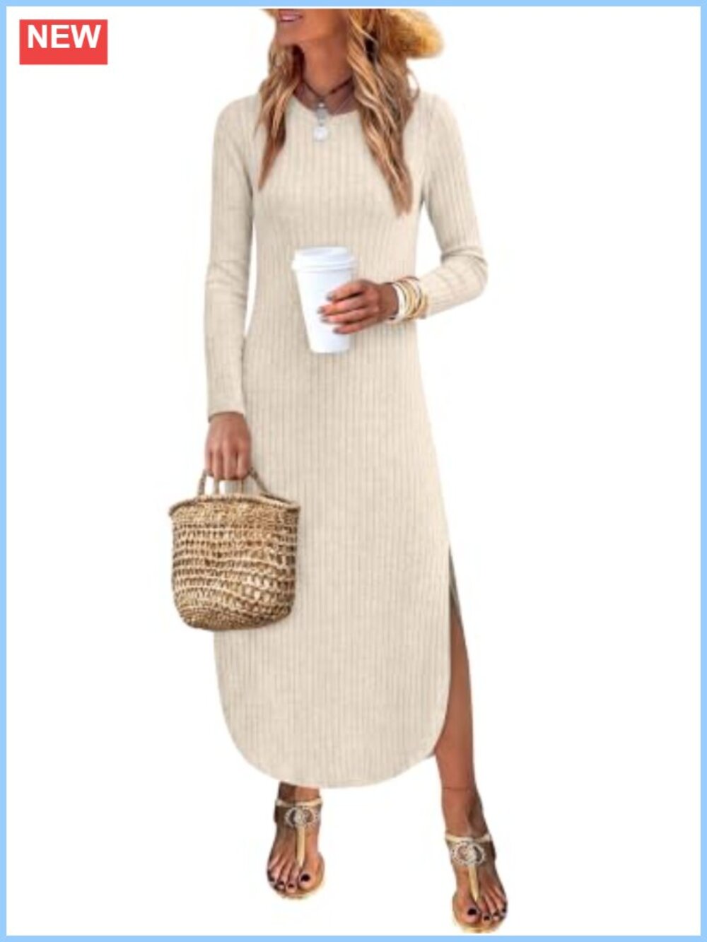 Womens Ribbed Knit Long Sleeve Maxi Sweater Dress Side Pockets Slit
